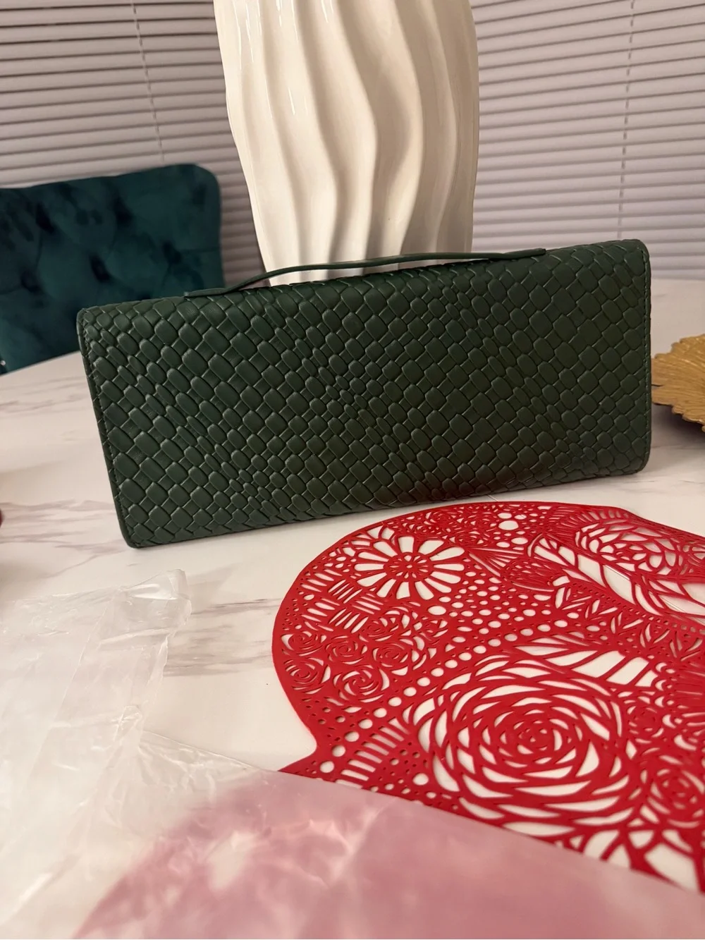 Dark Green Woven Leather Wristlet Clutch with Gold Accent